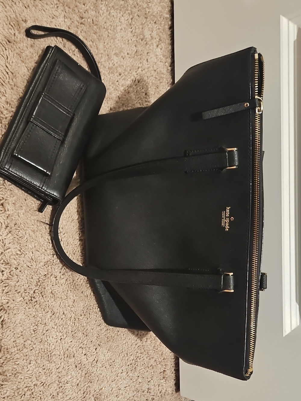 kate spade Black Leather Tote with Gold Hardware and Wristlet